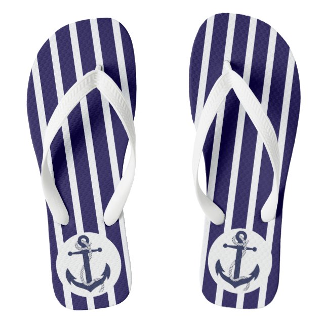 Blue And White Stripes With Anchor Flip Flops (Footbed)