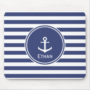 Blue and White Stripes with Anchor Mouse Mat