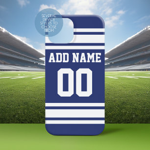 Blue and White Stripes with Name and Number iPhone 15 Mini Case