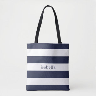 Blue and White Stripes with Name Tote Bag