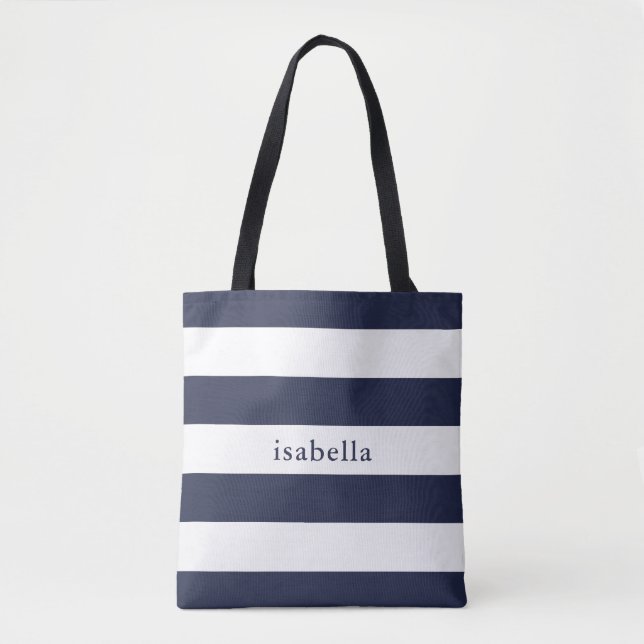 Blue and White Stripes with Name Tote Bag (Front)