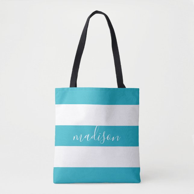 Blue and White Stripes with Name Typography Tote Bag (Front)