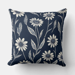 blue and white summer floral - Block print-style Cushion