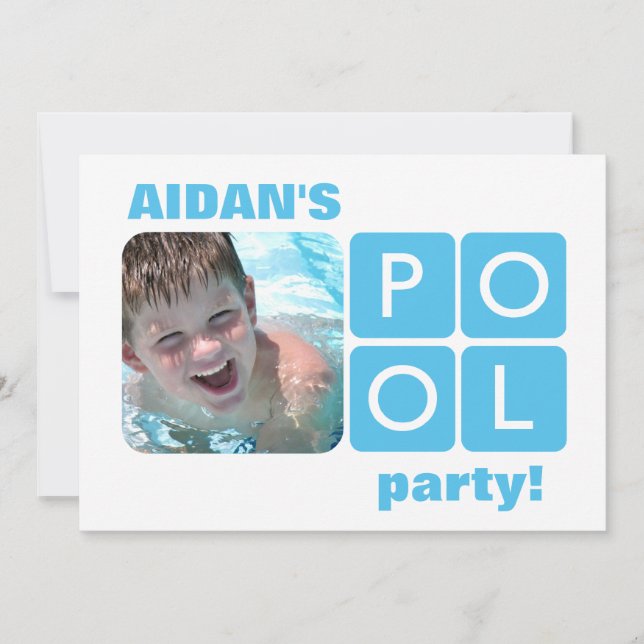 Blue and White Summer Pool Party Photo Invitation (Front)