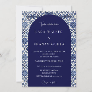 Blue And White Summer Tiles Custom Wedding Invite