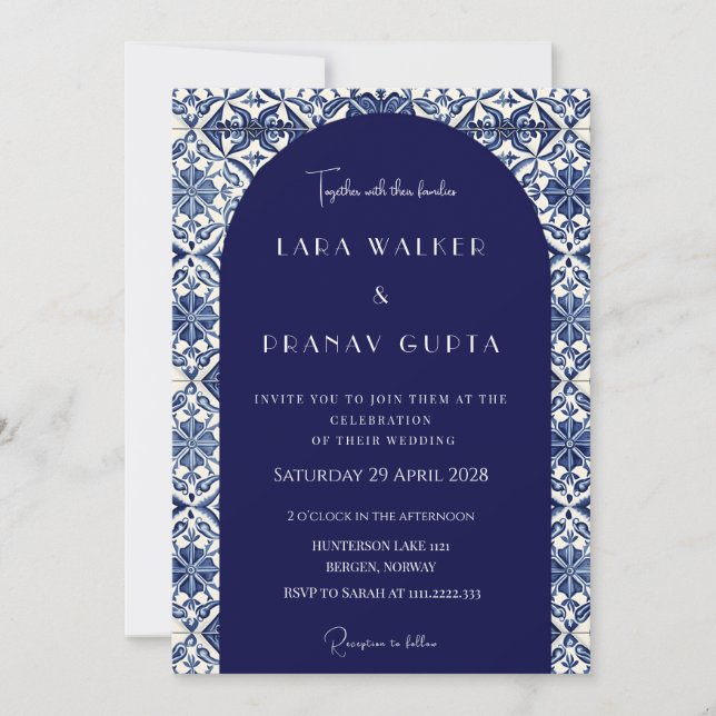Blue And White Summer Tiles Custom Wedding Invite (Front)