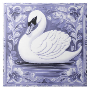 Blue and White Swan European Folk Animal Bird Art Tile