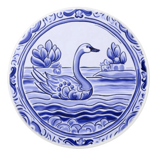 Blue and White Swan Goose Mediterranean Folk Art Ceramic Knob
