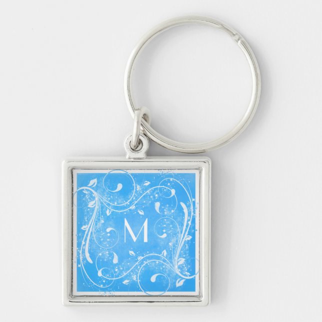 Blue and White Swirls Monogram Keychain (Front)
