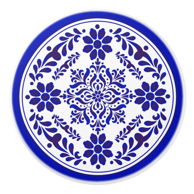 Blue and White Talavera Three Ceramic Knob (Front)