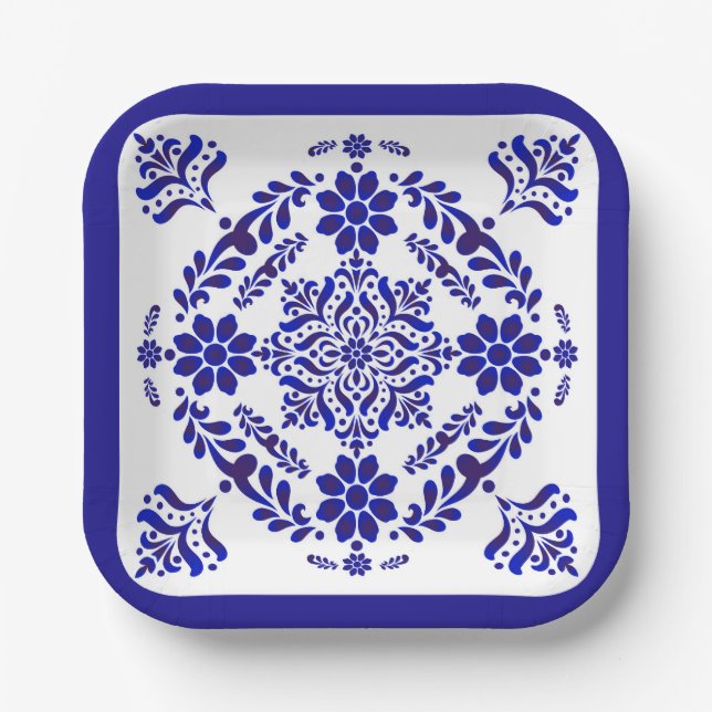 Blue and White Talavera Three Square Paper Plate (Front)