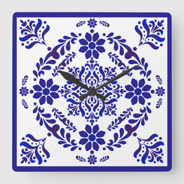 Blue and White Talavera Three Square Square Wall Clock (Front)