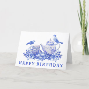Blue and White Tea Pot with Birds Birthday Thank You Card