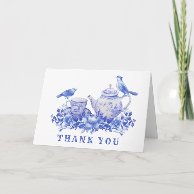 Blue and White Tea Pot with Birds | Thank You (Front)