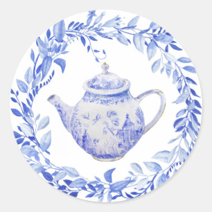 Blue and White Tea Pot with Wreath  Classic Round Sticker