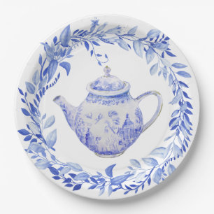 Blue and White Tea Pot with Wreath  Paper Plate
