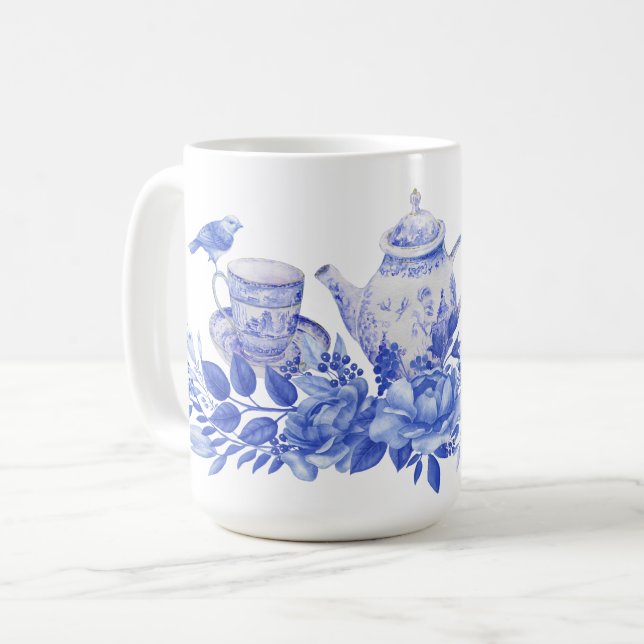 Blue and White Tea Set with Birds Mug (Front Left)