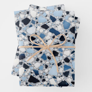 Blue and White Terrazzo Mosaic Pattern Wrapping Paper Sheet