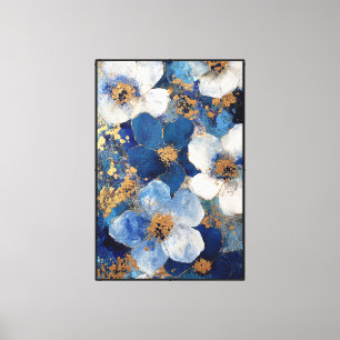 Blue and White Textured Flowers with Gold Canvas Print