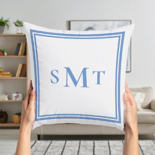 Blue and White Three Letter Monogram Cushion