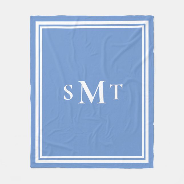Blue and White Three Letter Monogram Fleece Blanket (Front)