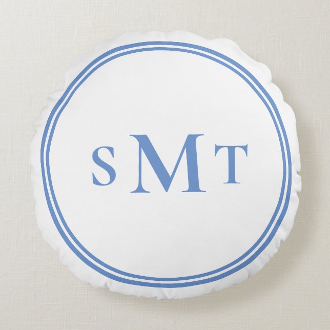 Blue and White Three Letter Monogram Round Cushion (Front)