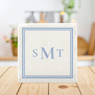 Blue and White Three Letter Monogram Stone Coaster