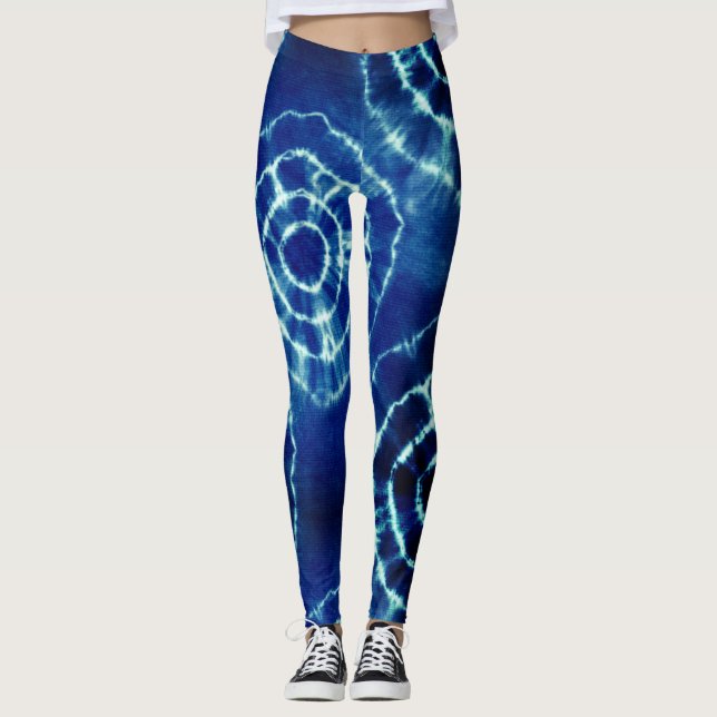 Blue and white tie dye circle pattern leggings (Front)