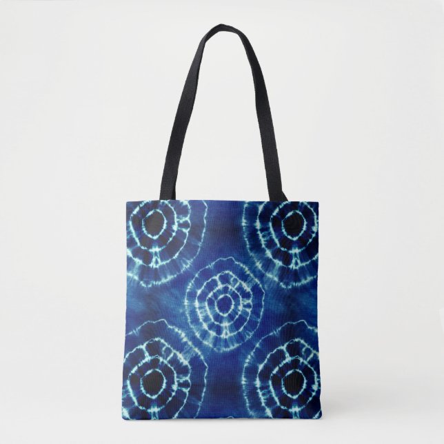 Blue and white tie dye circle pattern  tote bag (Front)