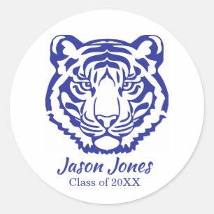 Blue and White Tigers Mascot Graduation Classic Round Sticker