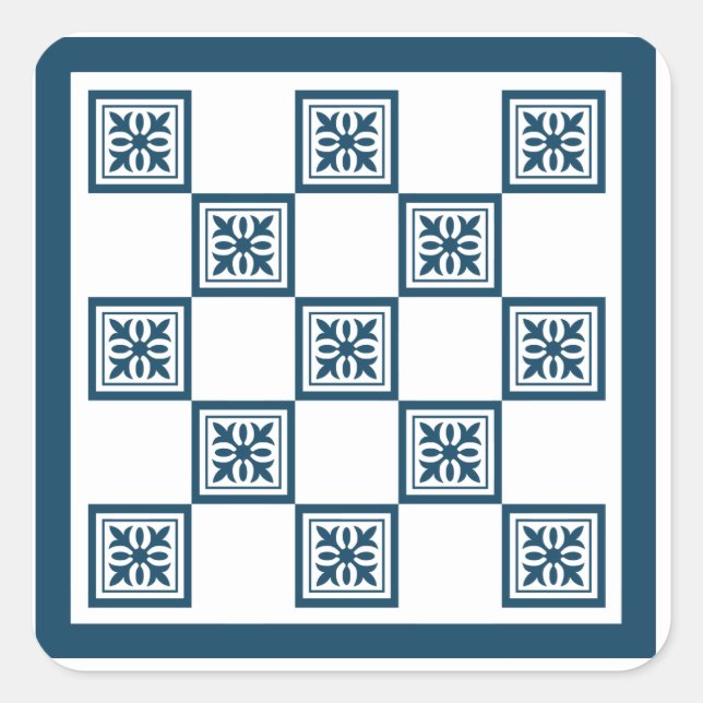 Blue and white tiles square sticker (Front)