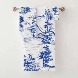 Blue and White Toile  Bath Towel Set