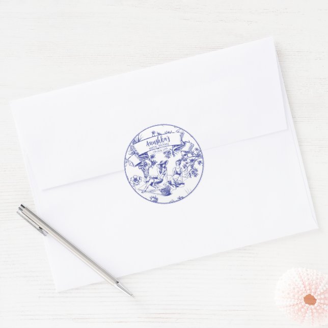 Blue and White Toile Classic Round Sticker (Envelope)