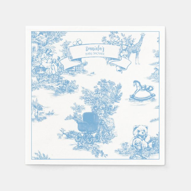 Blue and White Toile de Jouy Baby Shower Napkin (Front)