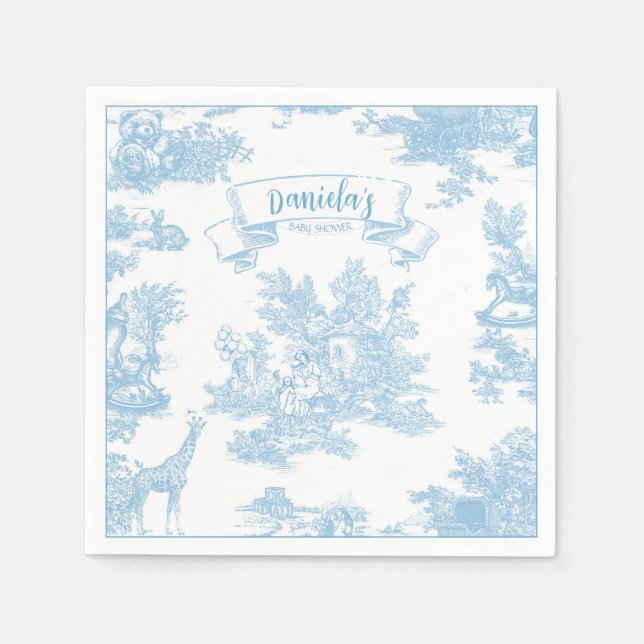 Blue and White Toile de Jouy Baby Shower Napkin (Front)