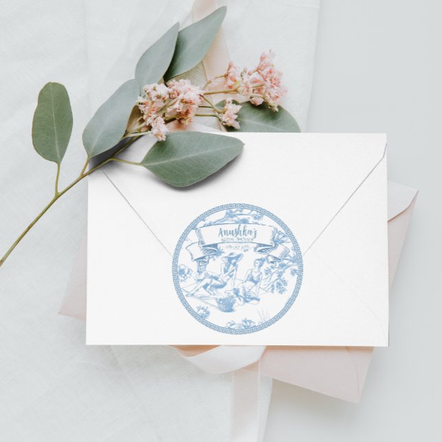 Blue and White Toile de Jouy Bridal Shower Classic Round Sticker (Creator Uploaded)