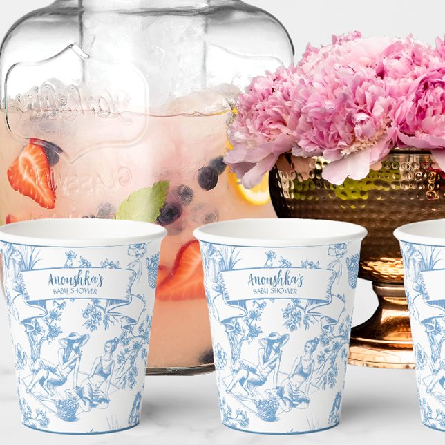 Blue and White Toile de Jouy Bridal Shower Paper Cups (Creator Uploaded)