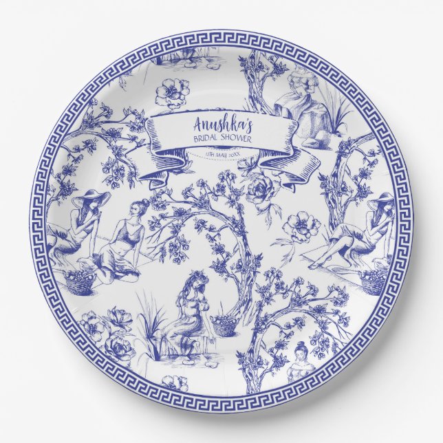 Blue and White Toile Paper Plate (Front)