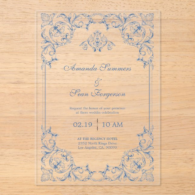 Blue and White Traditional Decorative Frame Acrylic Invitations (Front)