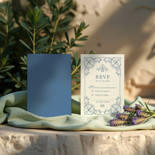 Blue and white traditional ornamental border frame RSVP card