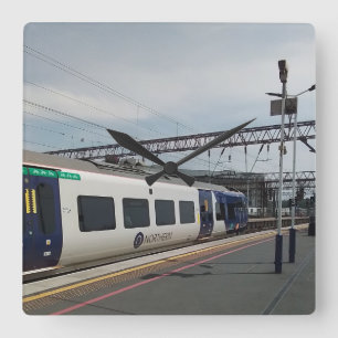 Blue and white train square wall clock