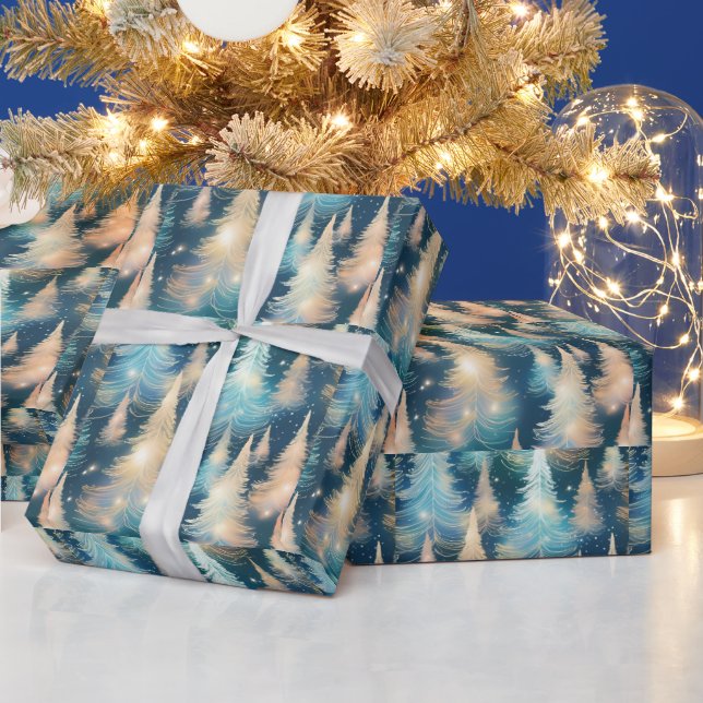 Blue and White Trees Modern Christmas Wrapping Paper (Holidays)