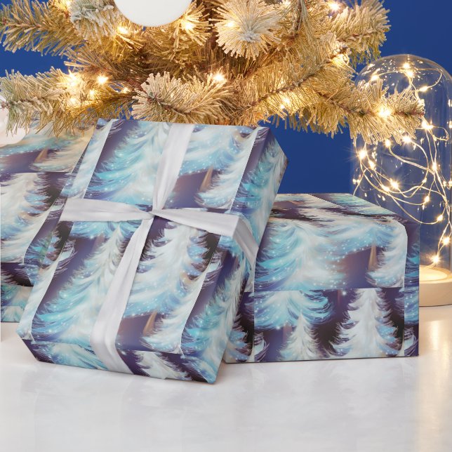 Blue and White Trees Modern Christmas Wrapping Paper (Holidays)