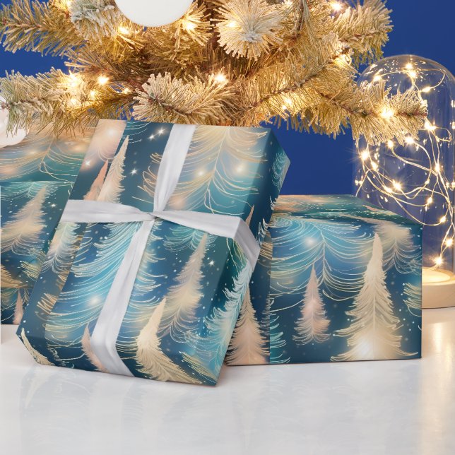 Blue and White Trees Modern Christmas Wrapping Paper (Holidays)