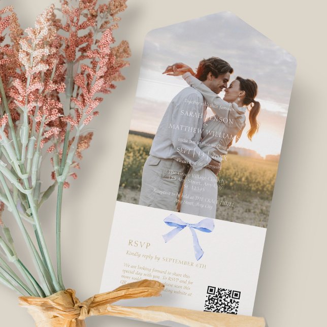 Blue and White | Trendy Ribbon Wedding OR All In One Invitation (Creator Uploaded)