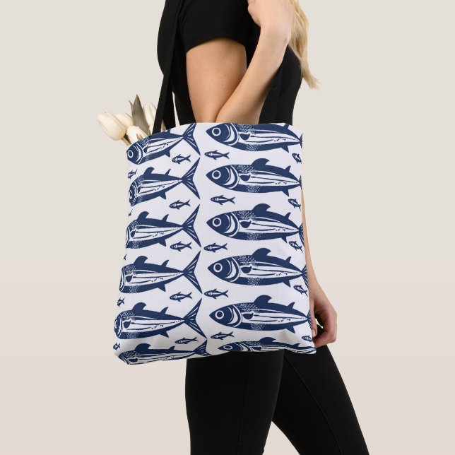 Blue and White Trendy Sardine Fish Tote Bag (Close Up)