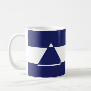 Blue and white triangle shaped coffee mug