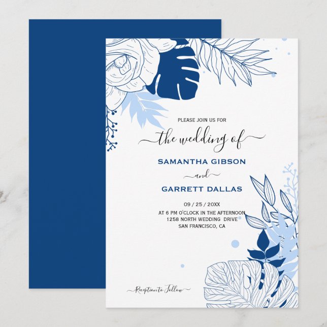Blue And White Tropical Leaves Wedding Invitation (Front/Back)