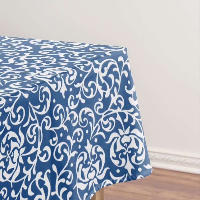 Blue and White Tudor Gardens Floral Damask Tablecloth (In Situ)