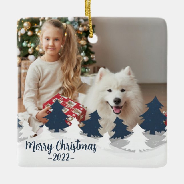 Blue and White Two Photo Christmas Trees  Ceramic Ornament (Front)